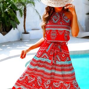 Cupshe Red White & Blue Geometric Print Halter Dress.